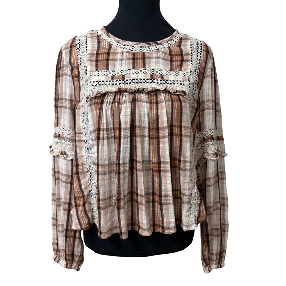 American Eagle Brown‎ Plaid Lace Trim Open Back Tie Blouse Womens large Boho Top